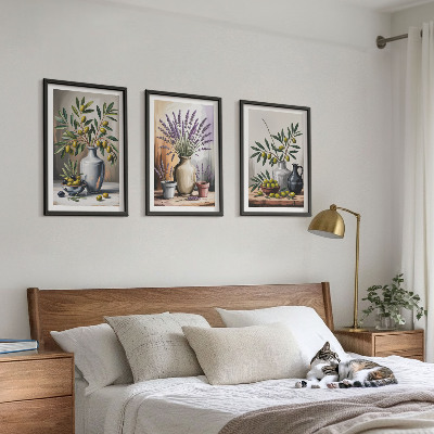 Set of 3 framed wall art pieces Olive flowers in vases in the background