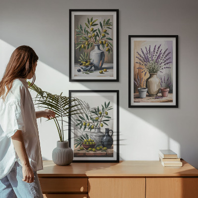 Set of 3 framed wall art pieces Olive flowers in vases in the background