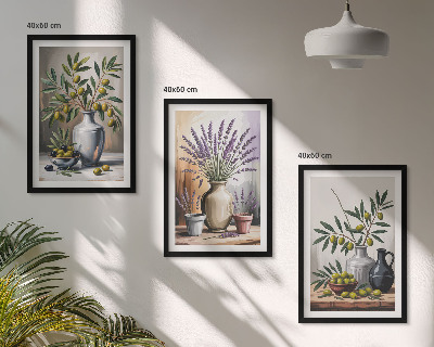 Set of 3 framed wall art pieces Olive flowers in vases in the background