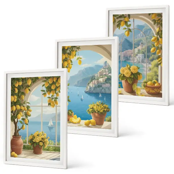 Three-piece sea landscape wall art featuring lemons and windows