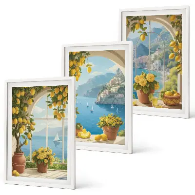 Three-piece sea landscape wall art featuring lemons and windows