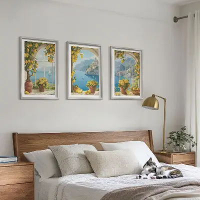 Three-piece sea landscape wall art featuring lemons and windows