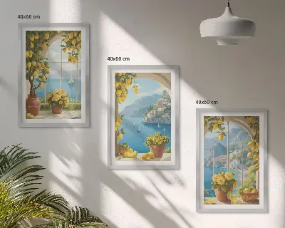 Three-piece sea landscape wall art featuring lemons and windows