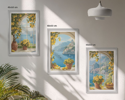 Three-piece wall art piece Landscapes of the sea, lemons, windows