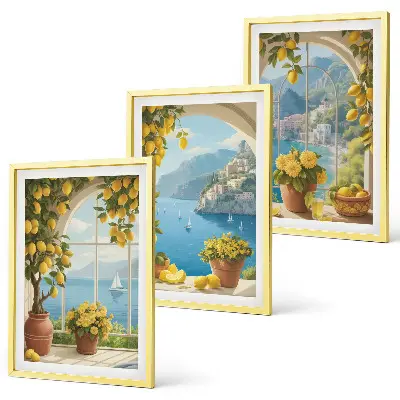 Three-piece sea landscape wall art featuring lemons and windows