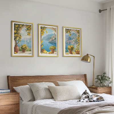Three-piece wall art piece Landscapes of the sea, lemons, windows