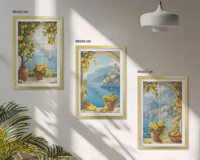 Three-piece sea landscape wall art featuring lemons and windows