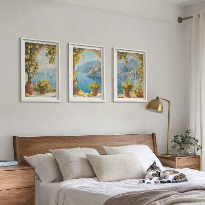 Three-piece wall art piece Landscapes of the sea, lemons, windows