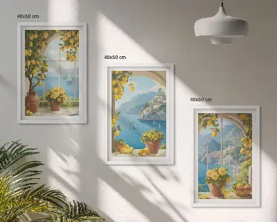 Three-piece sea landscape wall art featuring lemons and windows