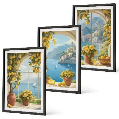 Three-piece sea landscape wall art featuring lemons and windows