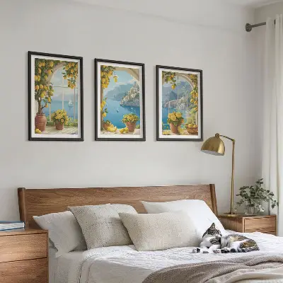 Three-piece sea landscape wall art featuring lemons and windows