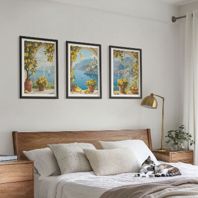 Three-piece wall art piece Landscapes of the sea, lemons, windows