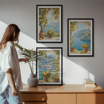 Three-piece wall art piece Landscapes of the sea, lemons, windows