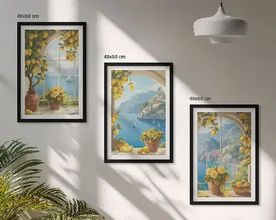 Three-piece sea landscape wall art featuring lemons and windows