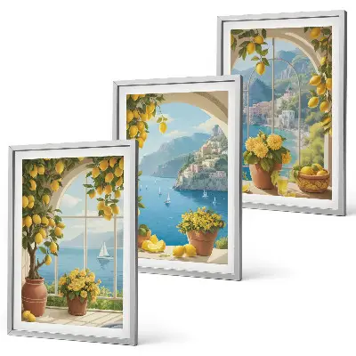 Three-piece sea landscape wall art featuring lemons and windows