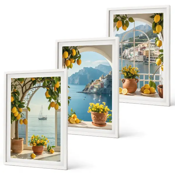 Sea town, lemons, and flowers wall art set of 3 framed pieces