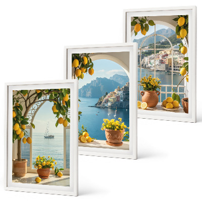Set of 3 framed wall art pieces Sea town lemons flowers