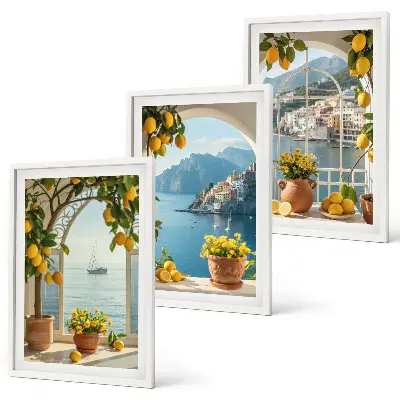 Sea town, lemons, and flowers wall art set of 3 framed pieces