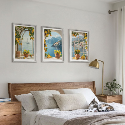 Set of 3 framed wall art pieces Sea town lemons flowers