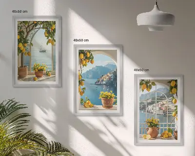 Sea town, lemons, and flowers wall art set of 3 framed pieces