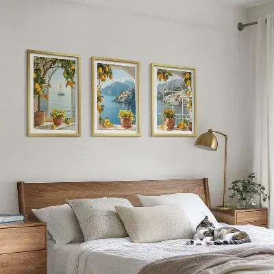 Sea town, lemons, and flowers wall art set of 3 framed pieces
