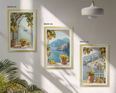 Set of 3 framed wall art pieces Sea town lemons flowers