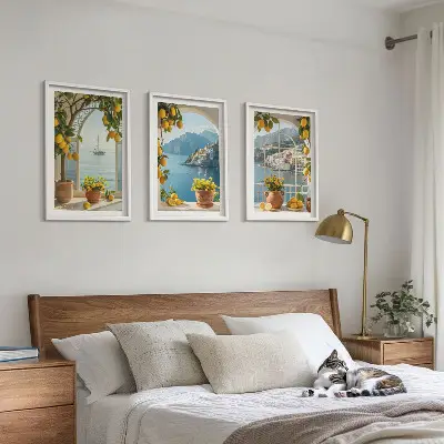 Sea town, lemons, and flowers wall art set of 3 framed pieces