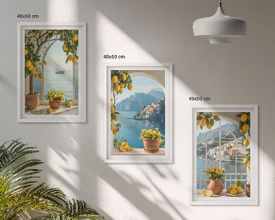 Set of 3 framed wall art pieces Sea town lemons flowers