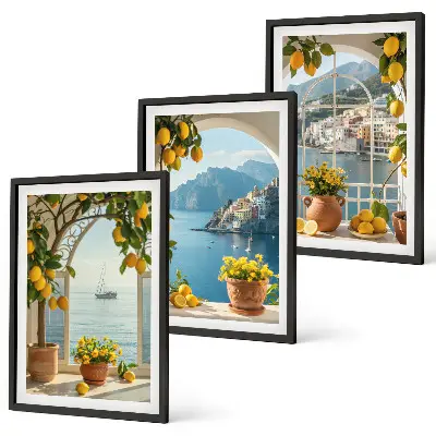 Sea town, lemons, and flowers wall art set of 3 framed pieces