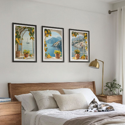 Set of 3 framed wall art pieces Sea town lemons flowers