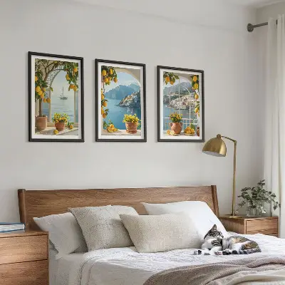 Sea town, lemons, and flowers wall art set of 3 framed pieces
