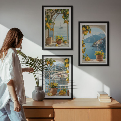 Set of 3 framed wall art pieces Sea town lemons flowers