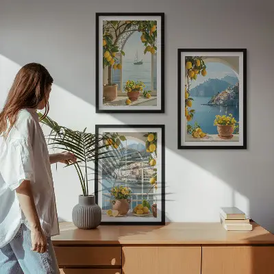 Sea town, lemons, and flowers wall art set of 3 framed pieces