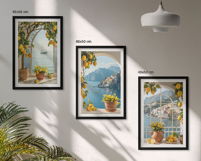 Set of 3 framed wall art pieces Sea town lemons flowers