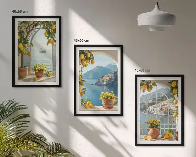 Sea town, lemons, and flowers wall art set of 3 framed pieces