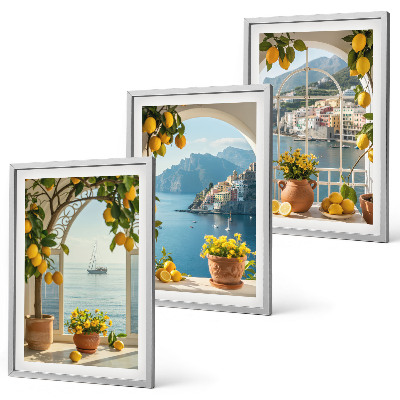 Set of 3 framed wall art pieces Sea town lemons flowers