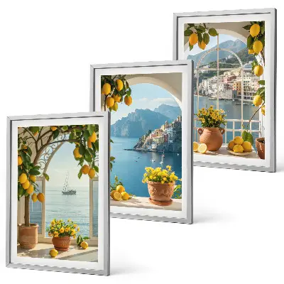 Sea town, lemons, and flowers wall art set of 3 framed pieces