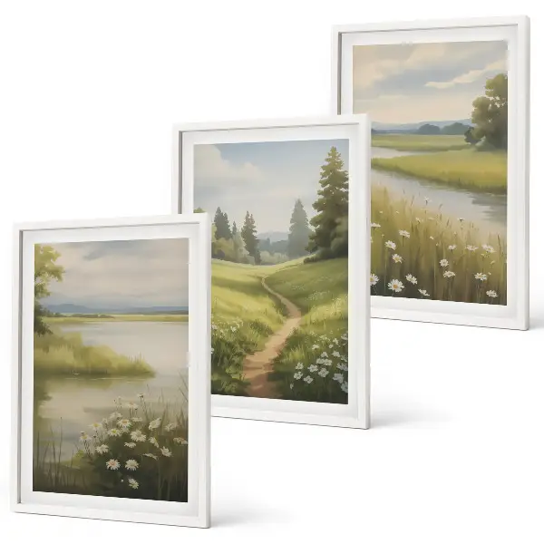 Wall art set spring landscape with a river and meadow