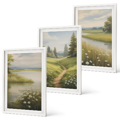 Wall art set Spring landscape river meadow