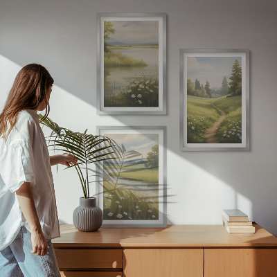 Wall art set Spring landscape river meadow