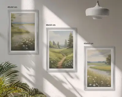 Wall art set spring landscape with a river and meadow