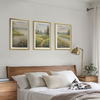 Wall art set Spring landscape river meadow