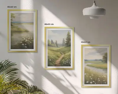 Wall art set spring landscape with a river and meadow