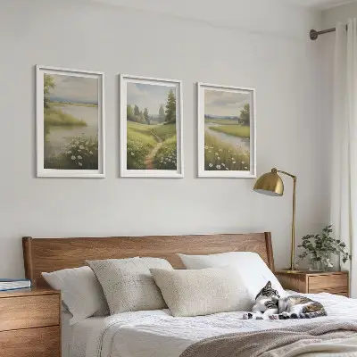 Wall art set spring landscape with a river and meadow