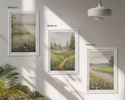 Wall art set spring landscape with a river and meadow