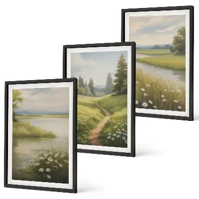 Wall art set spring landscape with a river and meadow