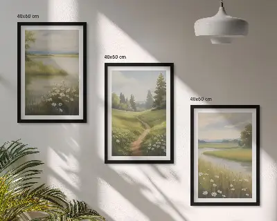 Wall art set spring landscape with a river and meadow