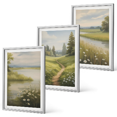 Wall art set Spring landscape river meadow