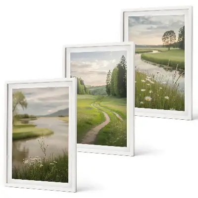Three-piece wall art set summer landscape with river and wildflower meadow