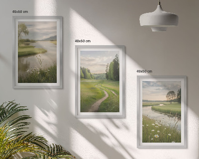 Three-piece wall art piece Landscapes of summer, river, meadow of flowers